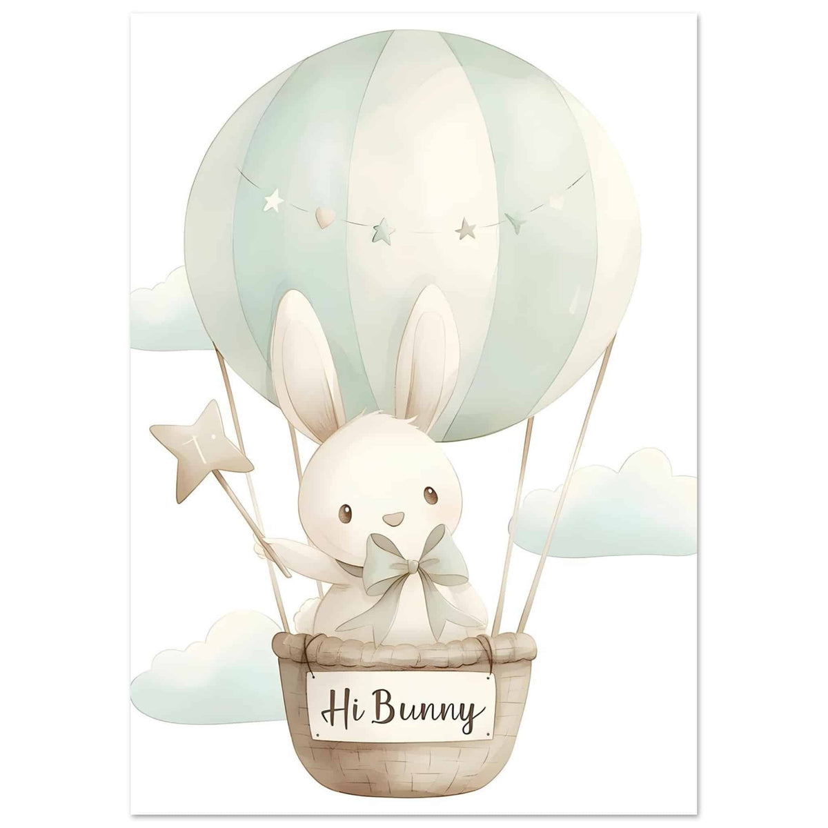 Artfulprints Poster Konijn in de wolken  - A4 21x29.7 cm - Grijs