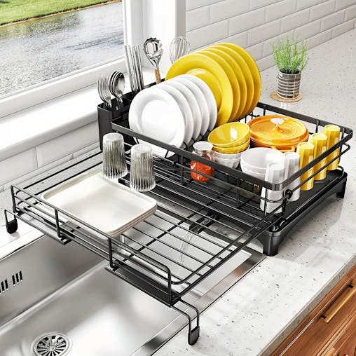 NNETM Dish Drying Expandable Rack with Cutlery Holder