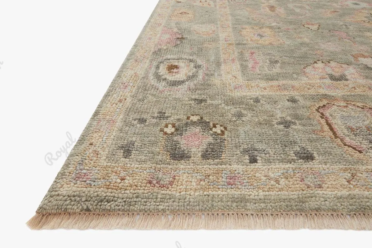 Hand knotted Sage Green Oushak Rug: Vintage Turkish Wool Carpet