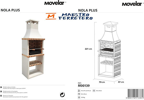MOVELAR - Barbecue préfabriqué à bois et charbon de bois Nola Plus (Blanc, Orange - 70x47x221 cm) REF : M00139 - Usage Extérieur