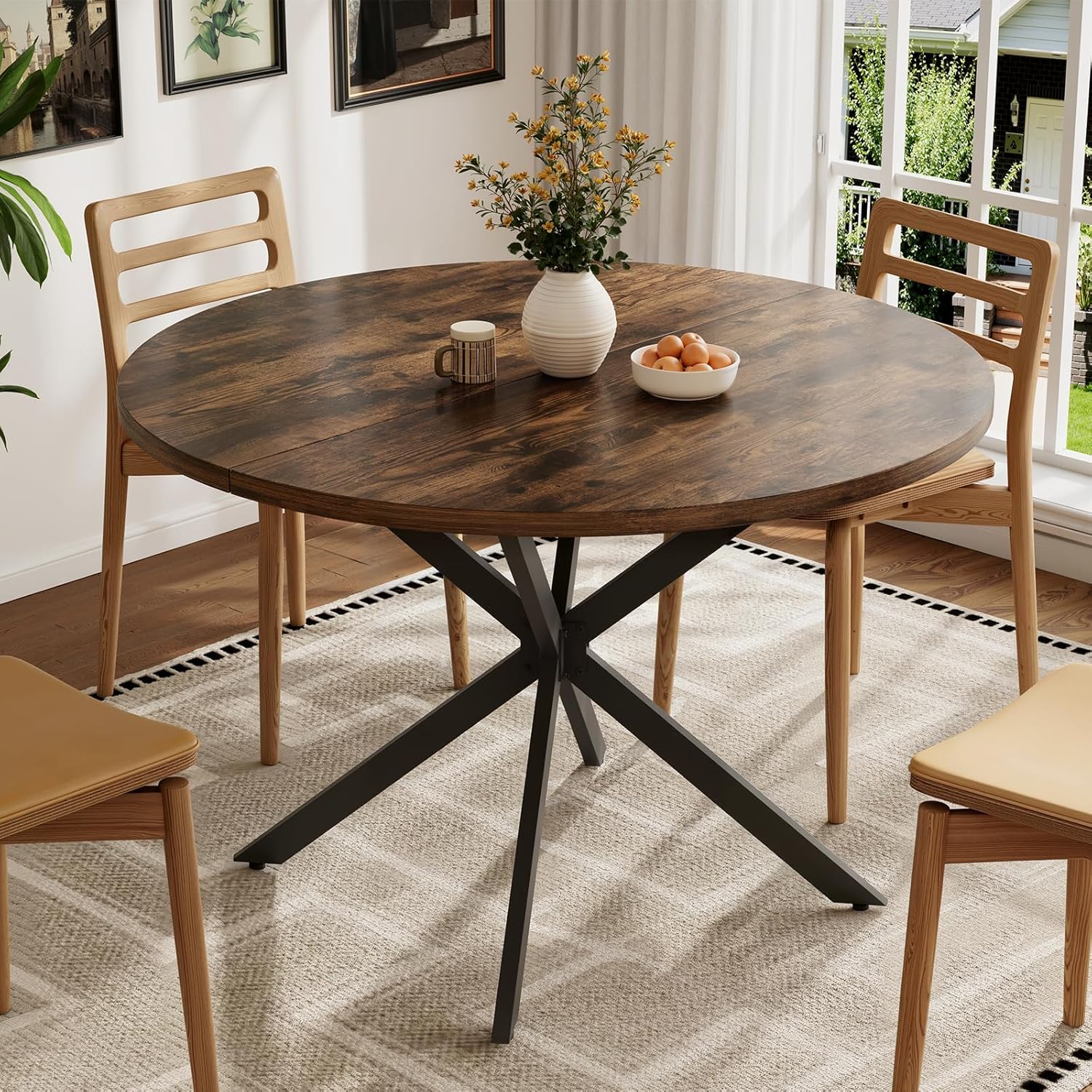 Vantic 47 Round Dining Table for 4-6 People, Farmhouse Wood Kitchen Table for Small Space,Circle Dining Table with Metal Base for Kitchen & Living Room, Rustic Brown