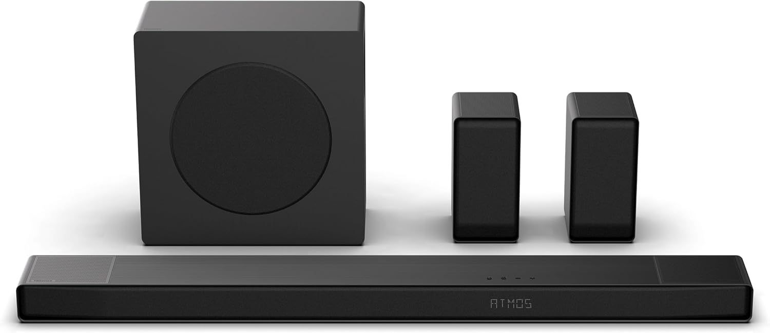Hisense AX5140Q 5.1.4Ch Sound Bar with Wireless Subwoofer  Dolby Atmos  DTS:X  Bluetooth 5.3  Roku TV Ready  HDMI/AUX/ARC/Optical/USB  EzPlay  7 EQ Modes  Hi Concerto  Room Calibration