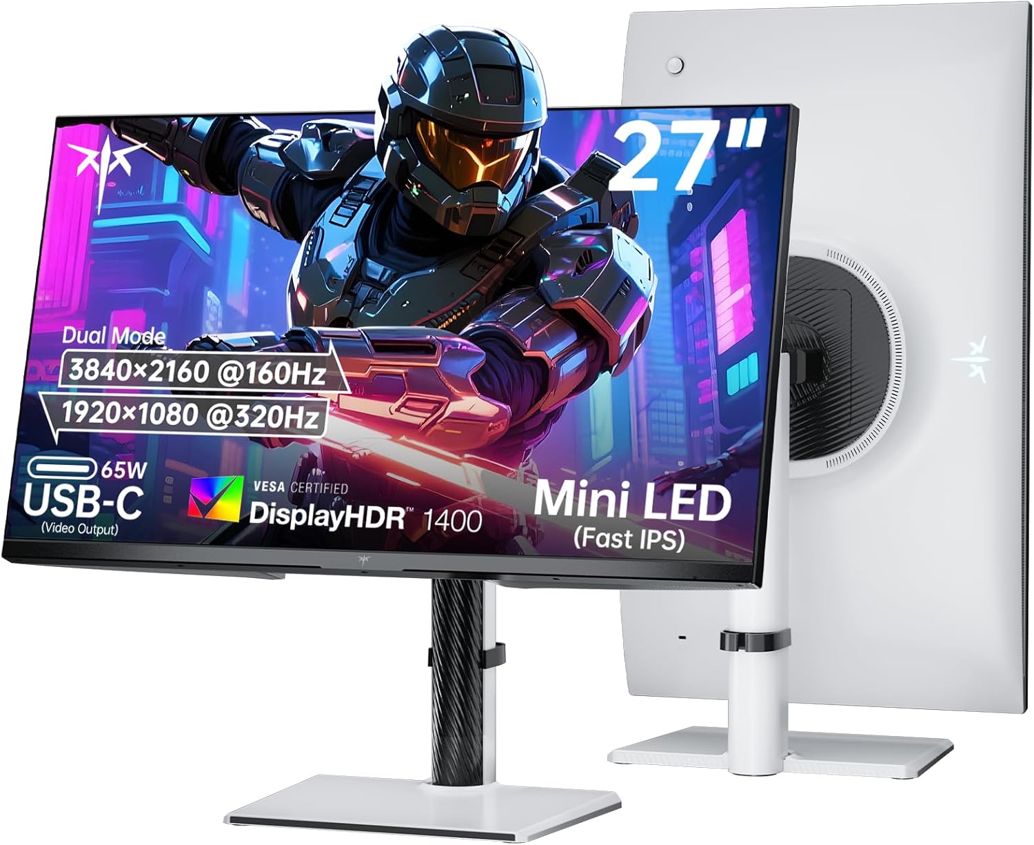 KTC 27 Inch Dual Mode Mini LED Monitor - 4K UHD at 160Hz & 1080P FHD 320Hz Gaming Monitor  65W Type-C Port  HDR1400 Fast IPS Panel  Adaptive-Sync  HDMI 2.1 & DP 1.4  Height Adjustment  VESA Wall Mount