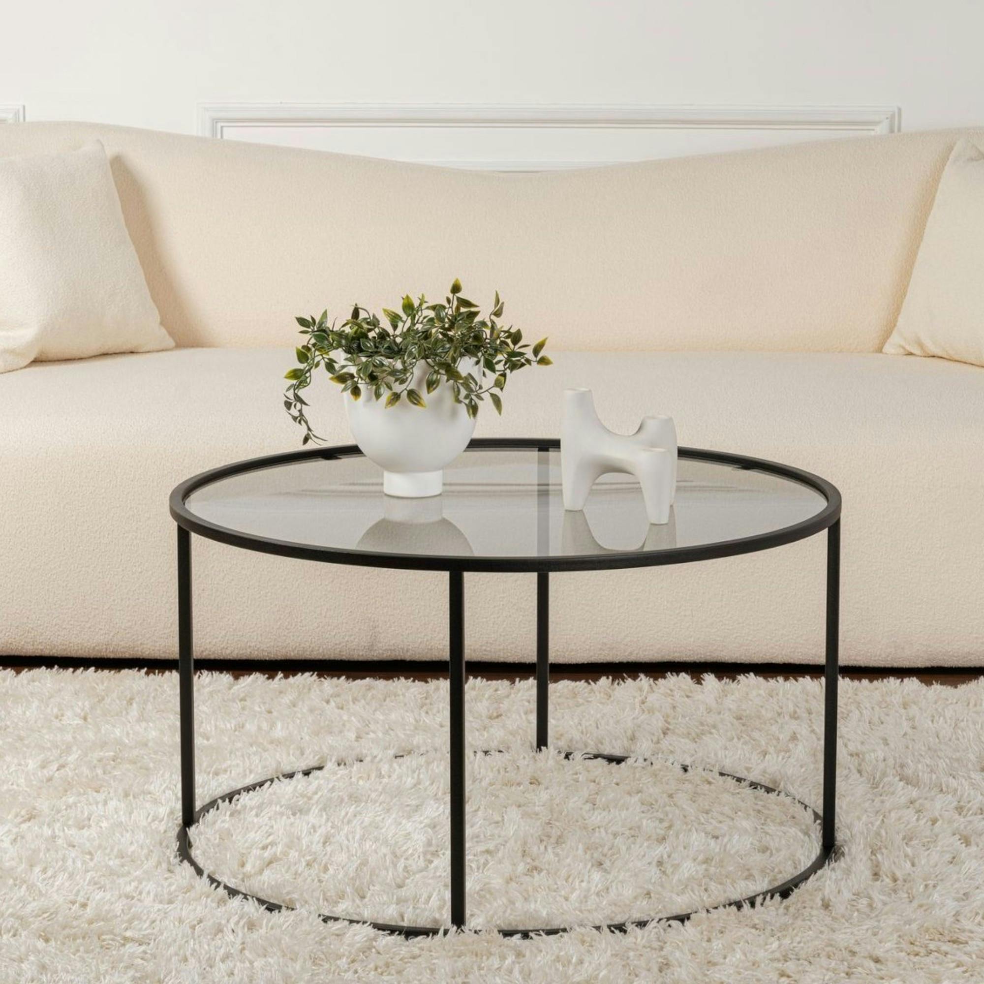 Table basse ronde verre fumé – cadre noir ⌀80 cm TULUM