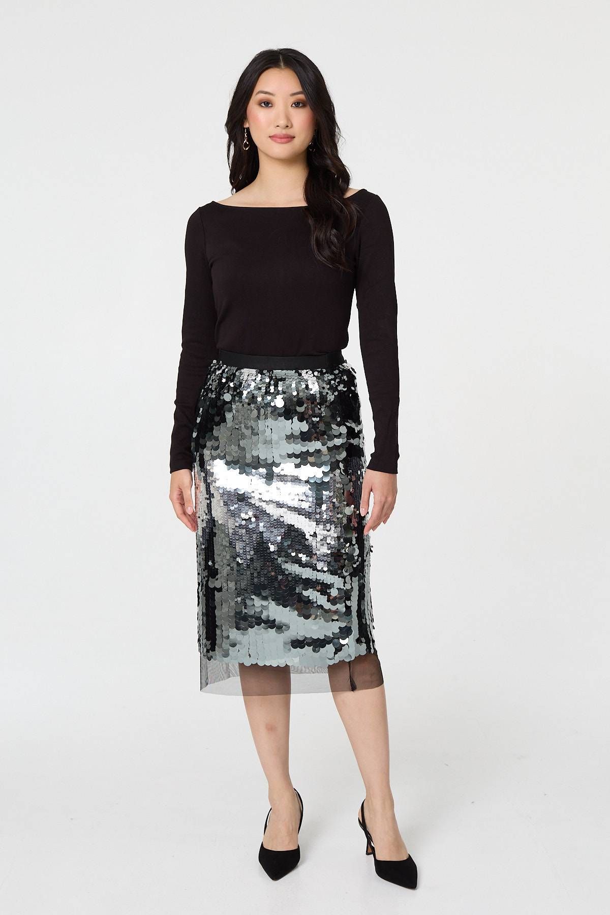 Izabel London Sequin Embellished Mesh Layer Midi Skirt