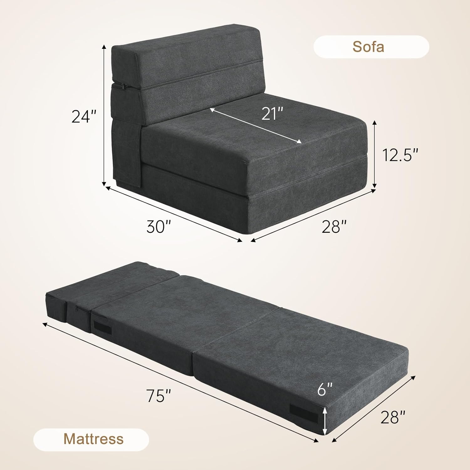 Nigoone Folding Sofa Bed Single Size with Pillow Memory Foam Convertible Sleeper Chair Floor Couch Futon Lazy for Living Room Home Office Guest Beds Apartment Upstairs Loft, Dark Gray
