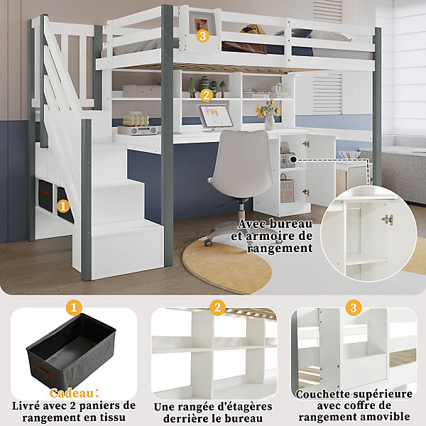 Lit mi-hauteur 90x200cm avec boîte tissu, rangement, échelle latérale, étagère, pin MDF blanc gris