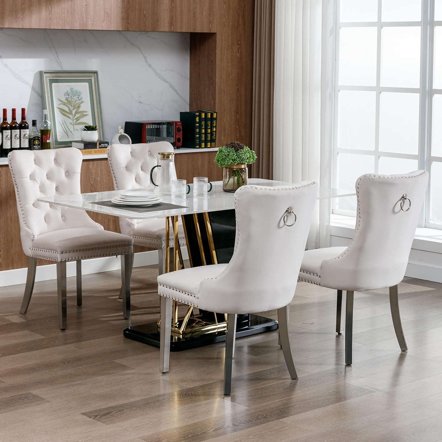 Velvet Dining Chairs Set of 6, Kitchen & Dining Room Chairs Set of 6, Tufted Dining Chairs, Velvet Upholstered, Chrome Metal Legs (Beige)