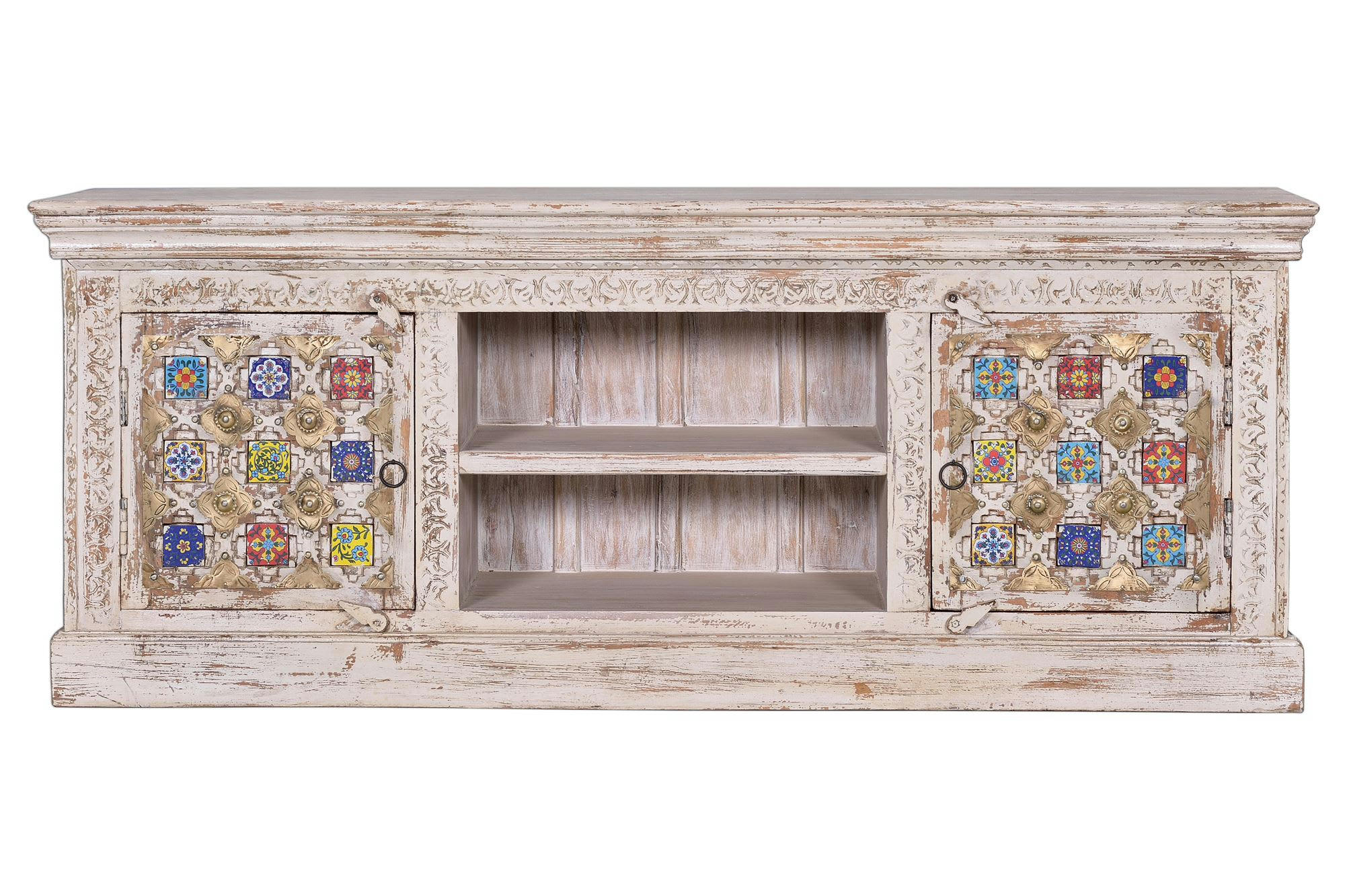 BAKHRA - Meuble tv en bois de manguier avec détails en céramique et bronze.