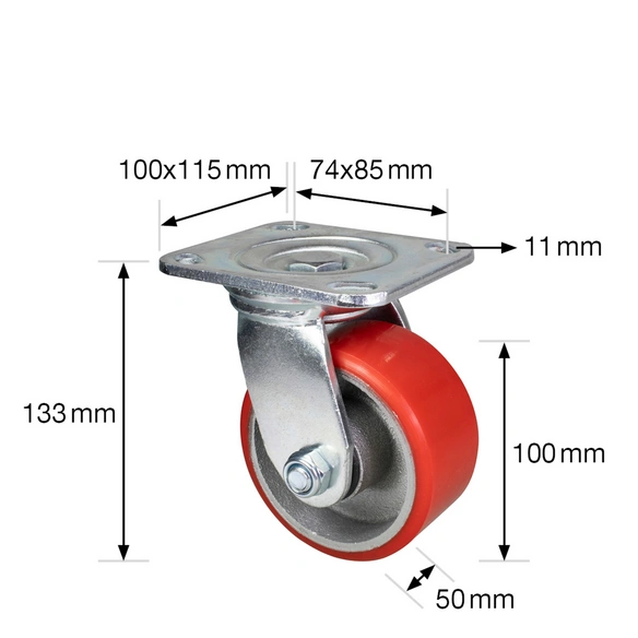 Lenkrolle, silberfarben/rot, BxH: 50 x 133 mm, max. Tragfähigkeit: 230 kg