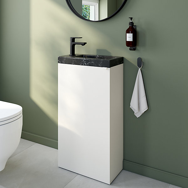 Meuble lave-mains à poser blanc mat l.44 cm Imandra   plan vasque effet marbre noir, GoodHome