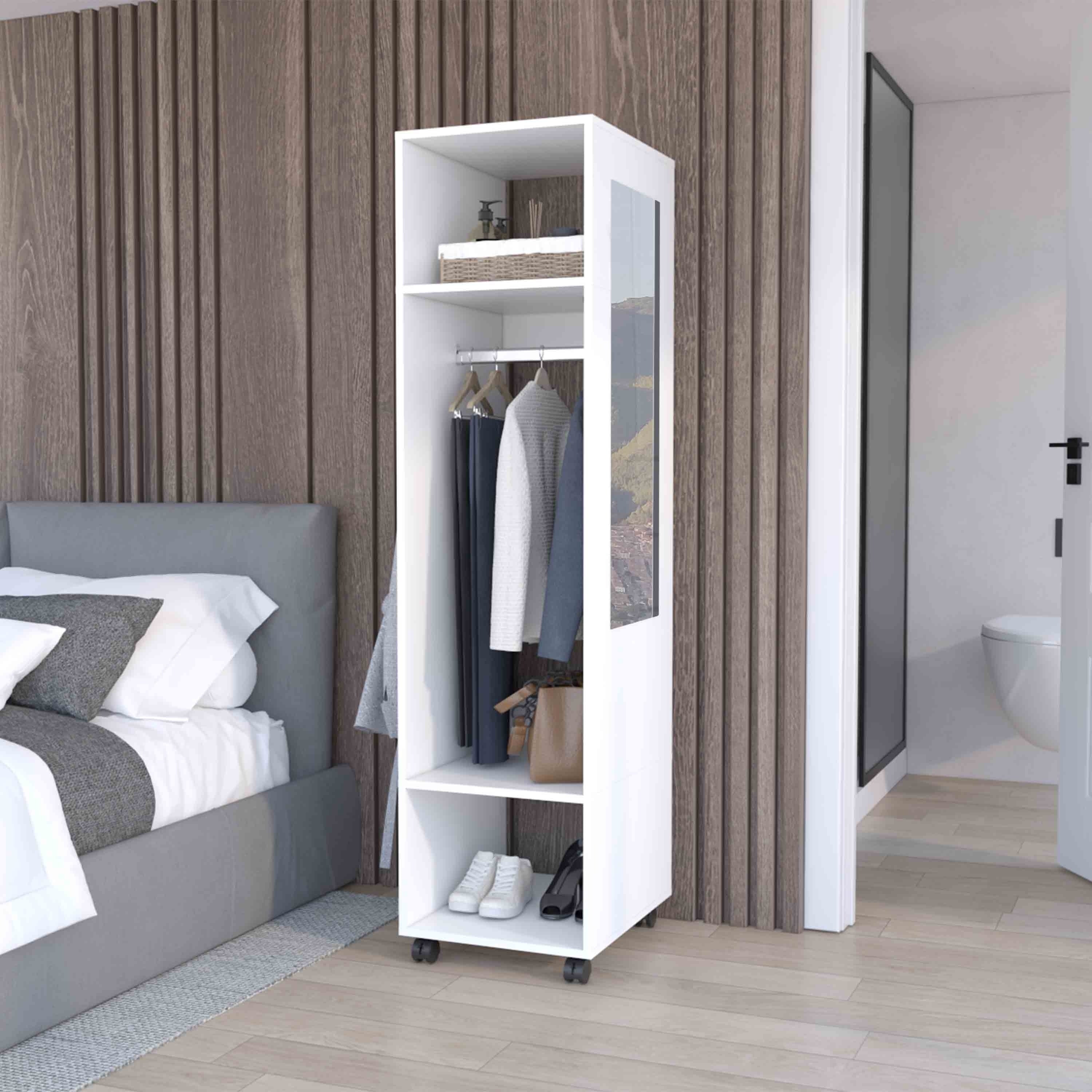 15.7 Modern Mirrored Armoire with Three Shelves, Casters and Hanging Rod