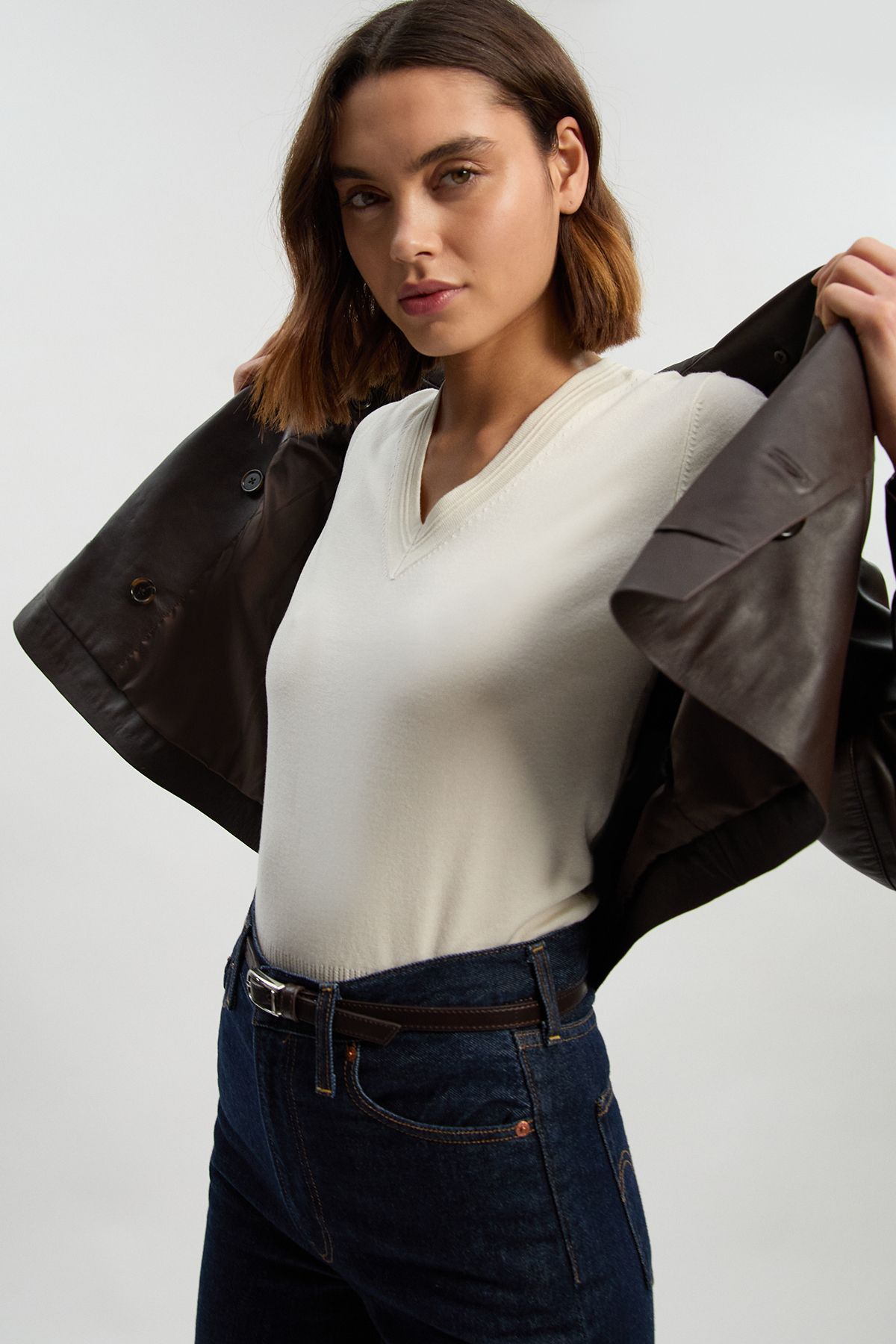 KarenMillen Forever Viscose Blend V Neck Knitted Short Sleeve Top