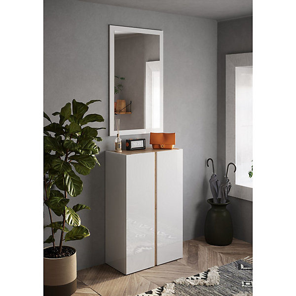 Meuble de rangement 2 portes 5 étagères réglables, collection KEY, coloris blanc laqué brillant et chene cadiz