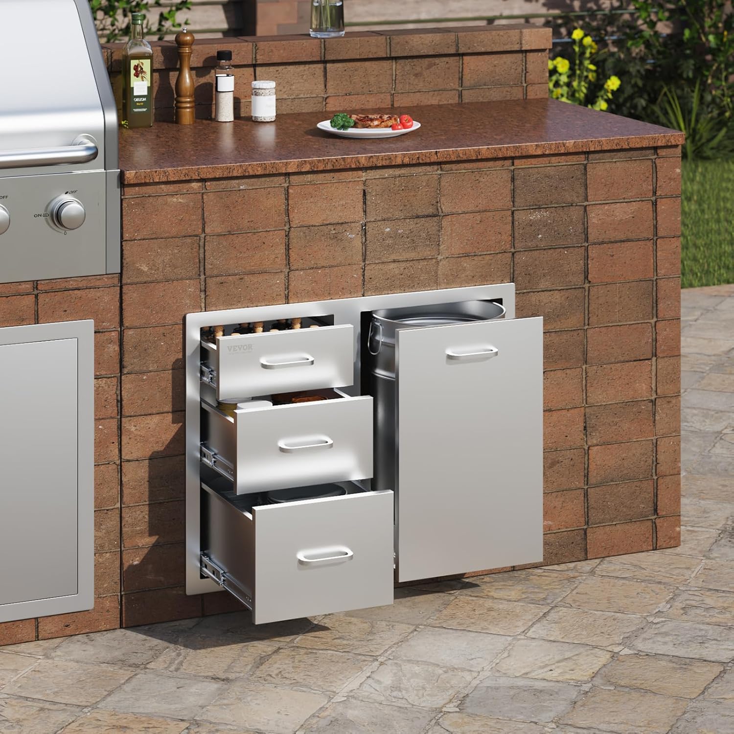 VEVOR Stainless Steel Cabinet  Outdoor Kitchen Door Drawer Combo 29.5 W x 22.6 H x 21.7 D  Access Door/Triple Drawers  Propane Drawer  Adjustable Garbage Ring  BBQ Island Patio Grill Station