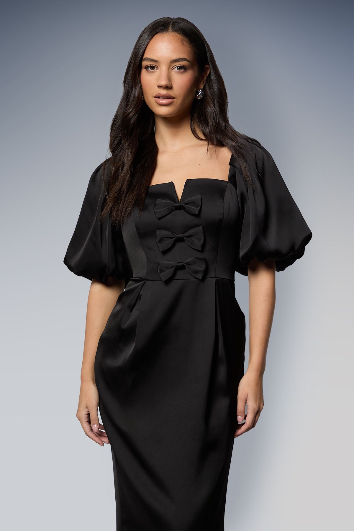 Oasis Satin Bow Front Puff Sleeve Midi Dress