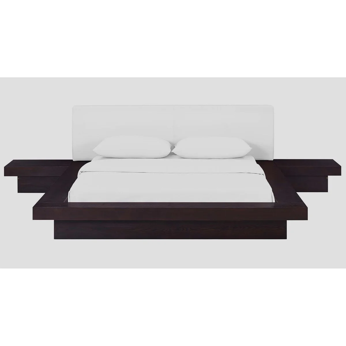 Halper Modern Queen Size Cappuccino Wooden Bed with White Vinyl Upholstered Headboard and Two Nightstands