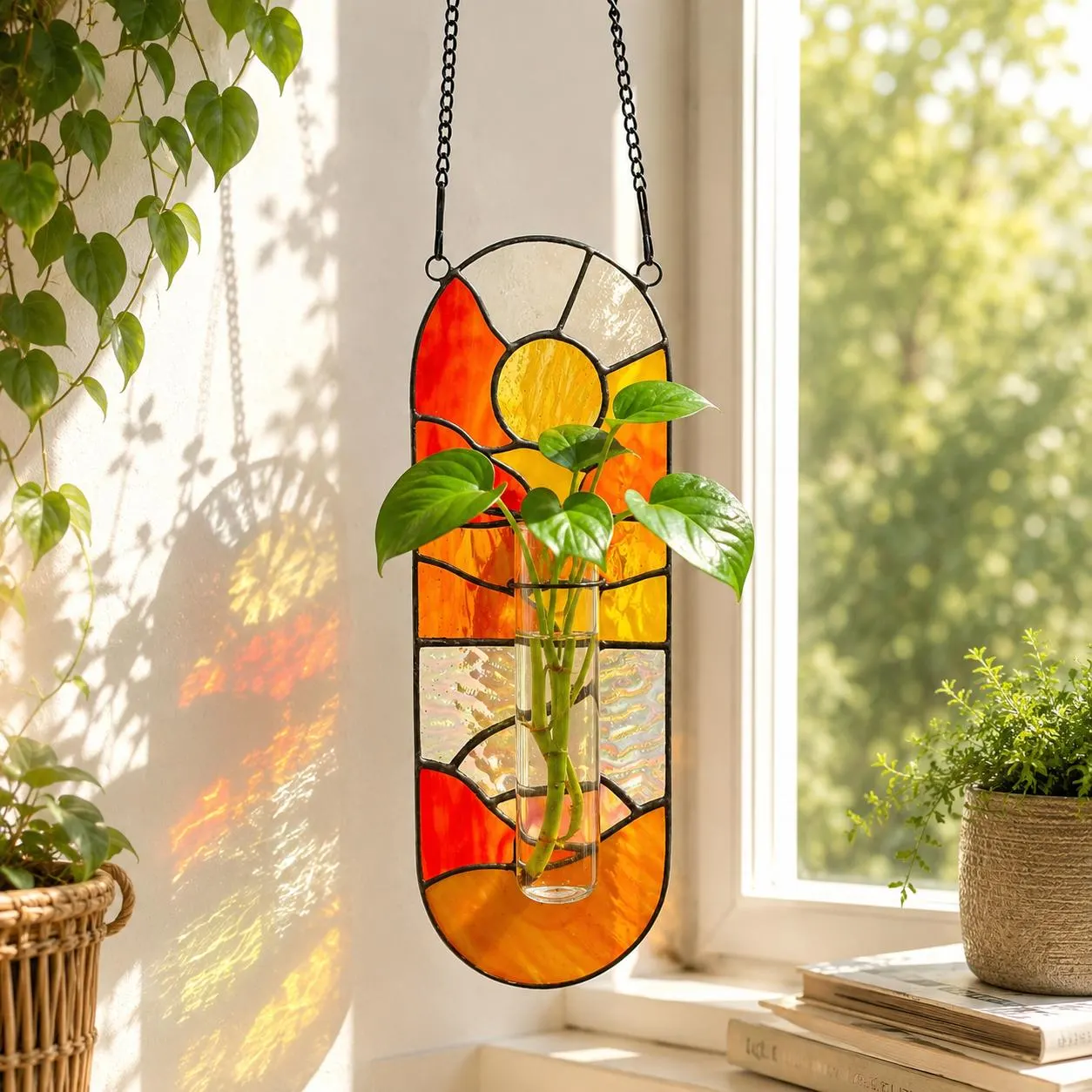 Stained Glass Propagation Station Suncatcher, Hanging Glass Planter for Window, Unique Gift for Plant Lover,Air Plant Holder,Graduation Gift