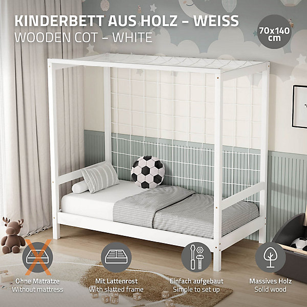 Lit d'enfant ML-Design 70x140 cm blanc en bois de pin avec but de football et sommier à lattes