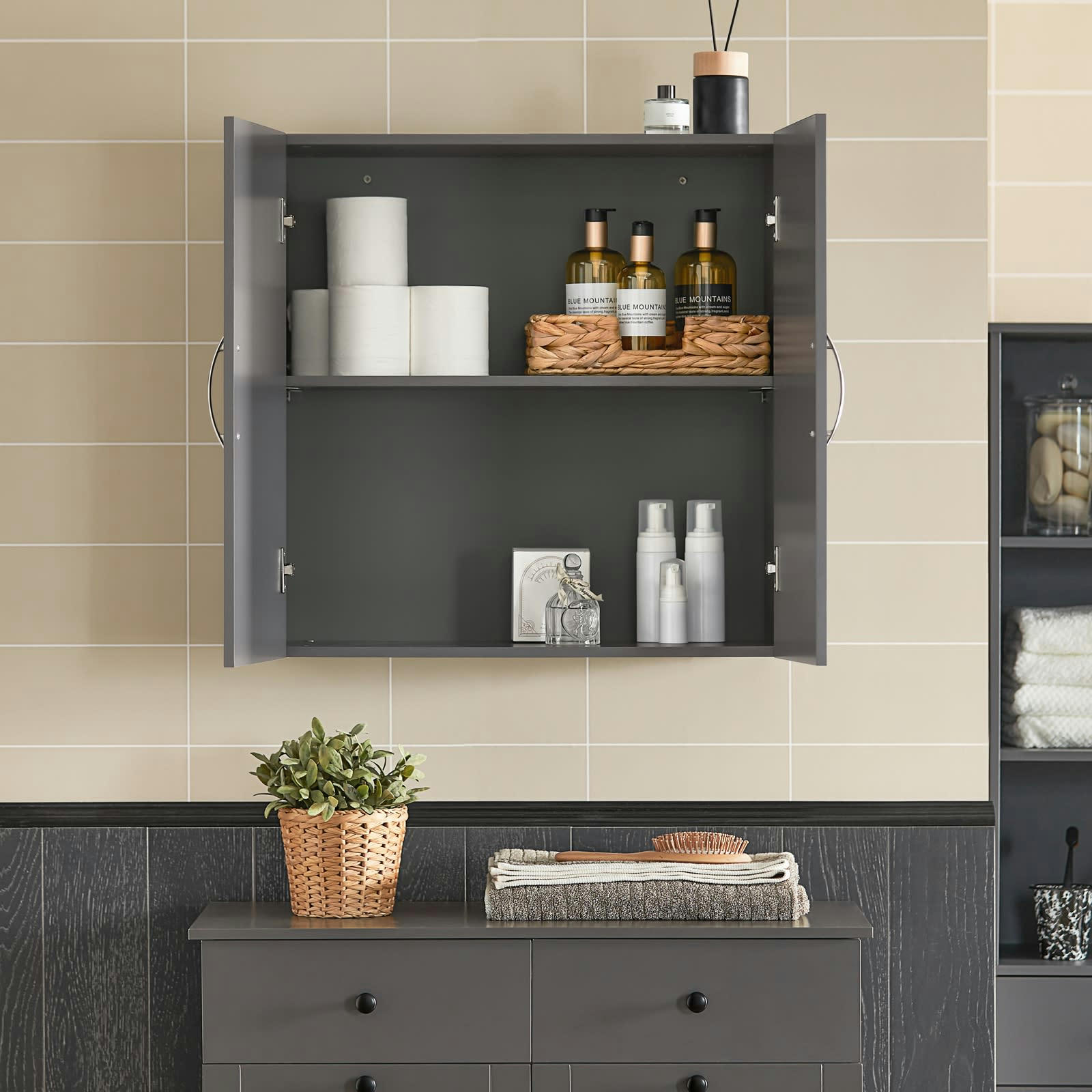 - Meuble haut 2 portes effet bois gris