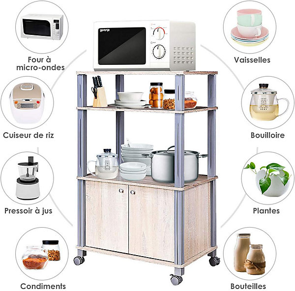 Etagere de Cuisine Etagere de Micro Ondes et Four en MDF Robuste Meuble Rangement a roulettes avec Tiroir Blanc