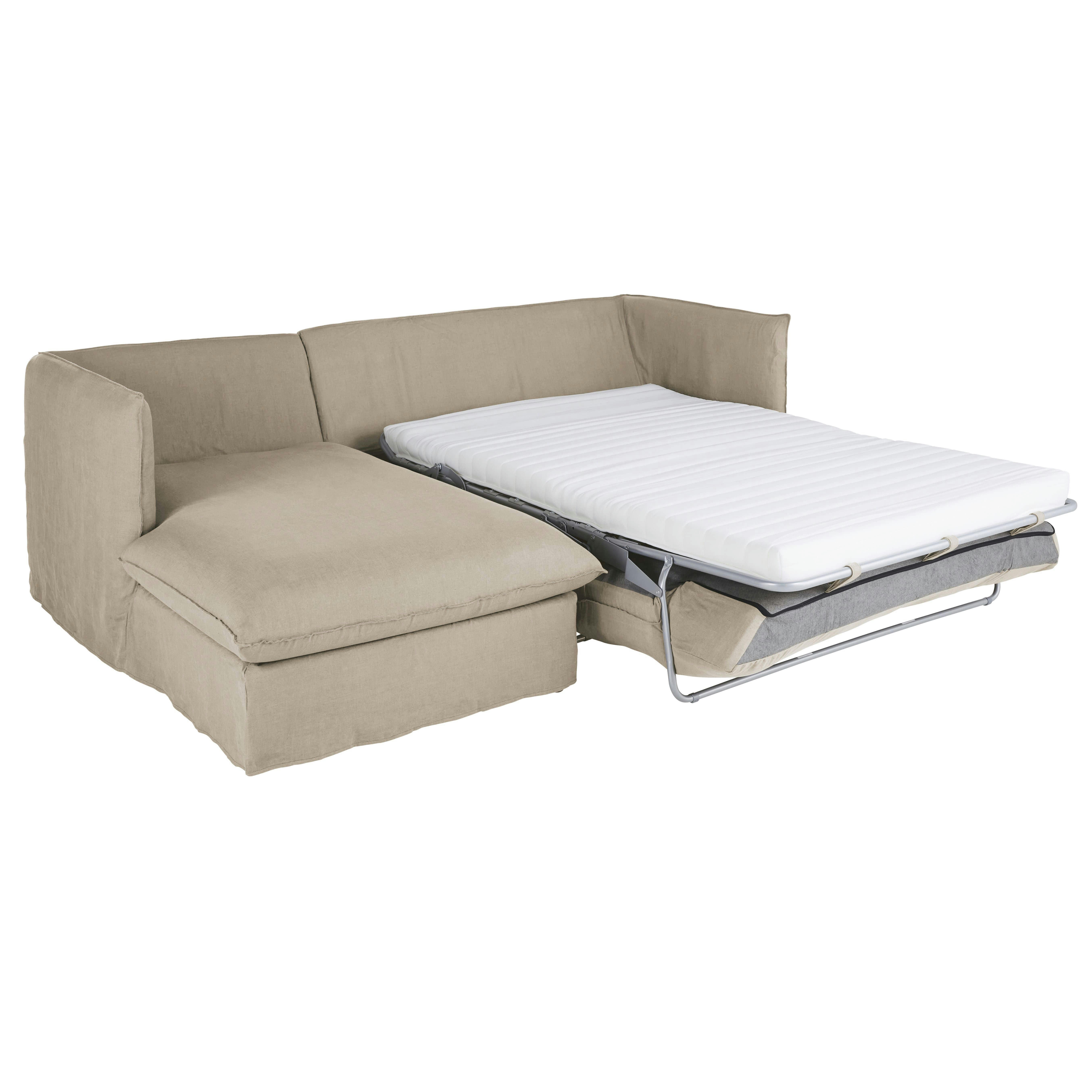Louvain - Canapé d'angle gauche convertible 3/4 places en lin froissé beige ficelle, matelas 10 cm
