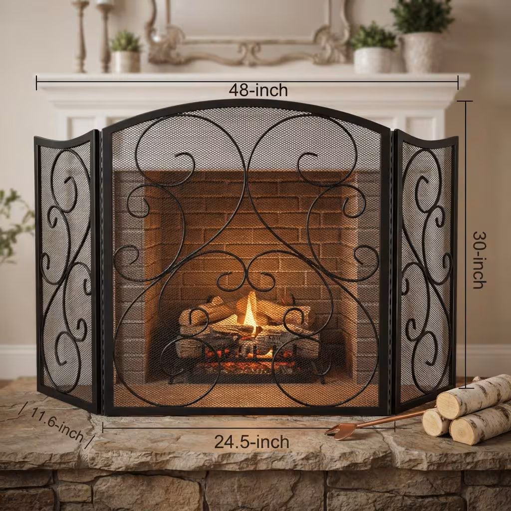 Classic 3-Panel Wrought Iron Fireplace Screen Guard – Arched Scrollwork, Spark Protection