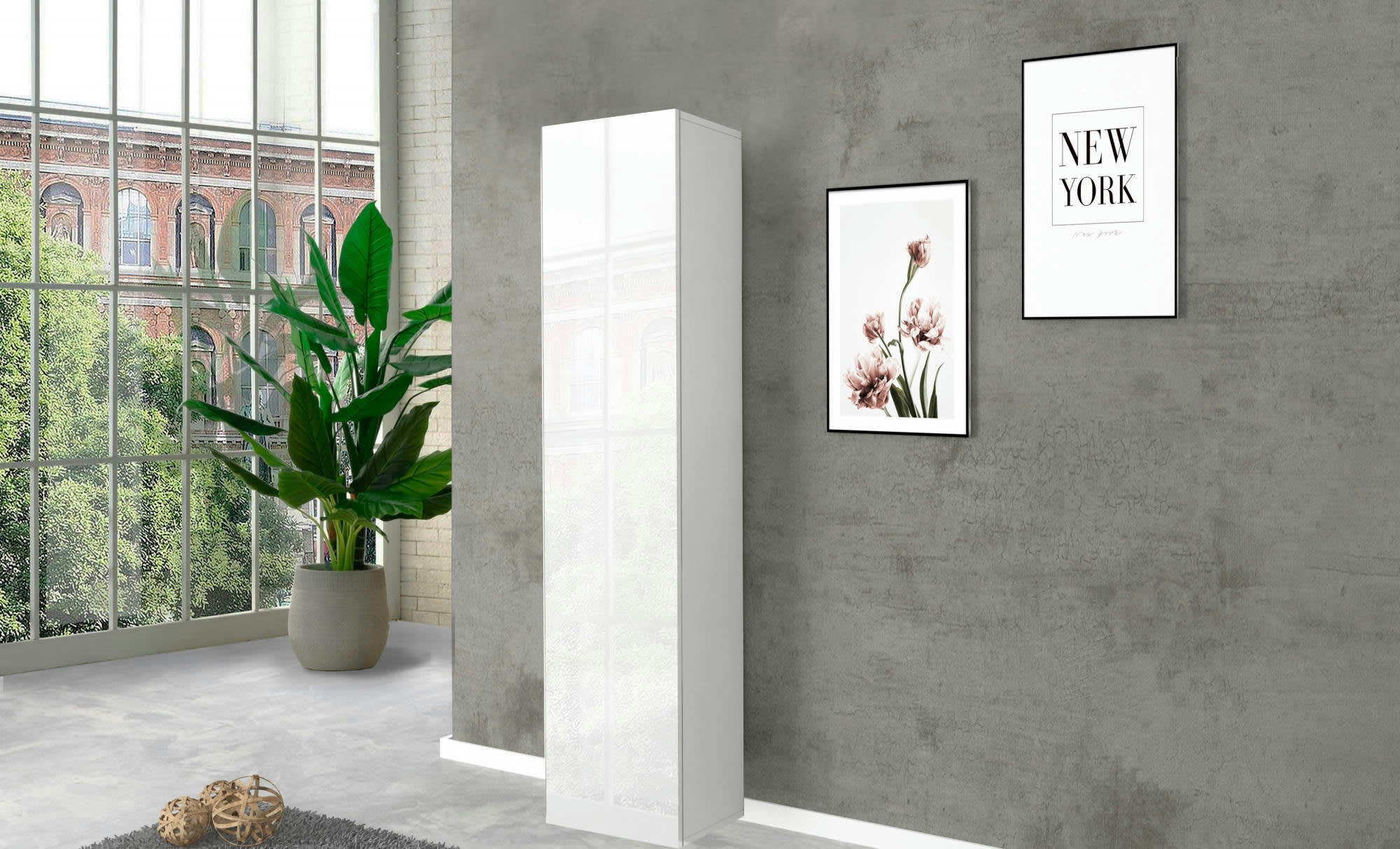 - Colonne suspendue avec 1 porte effet bois blanc brillant