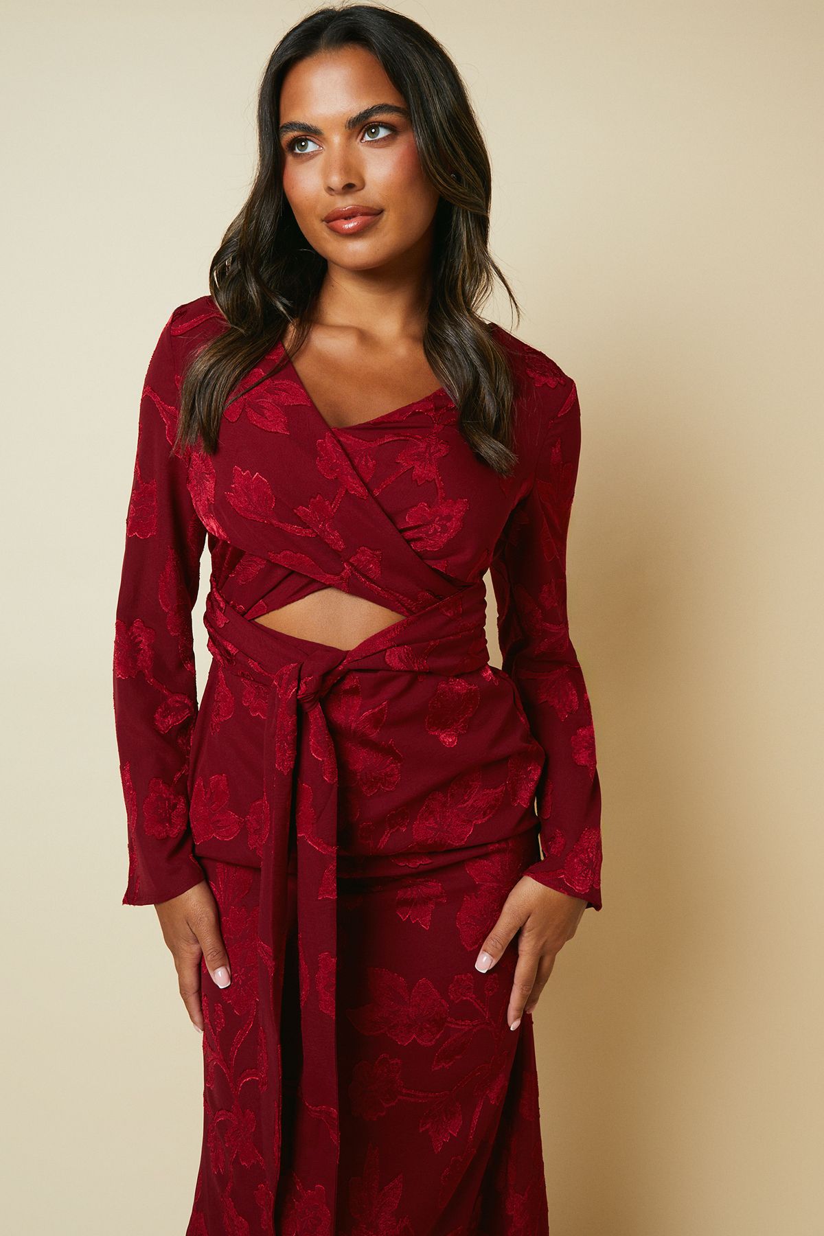 Coast x Debut London Debut London By Coast Long Sleeve Wrap Waist Satin Jacquard Midi Dress