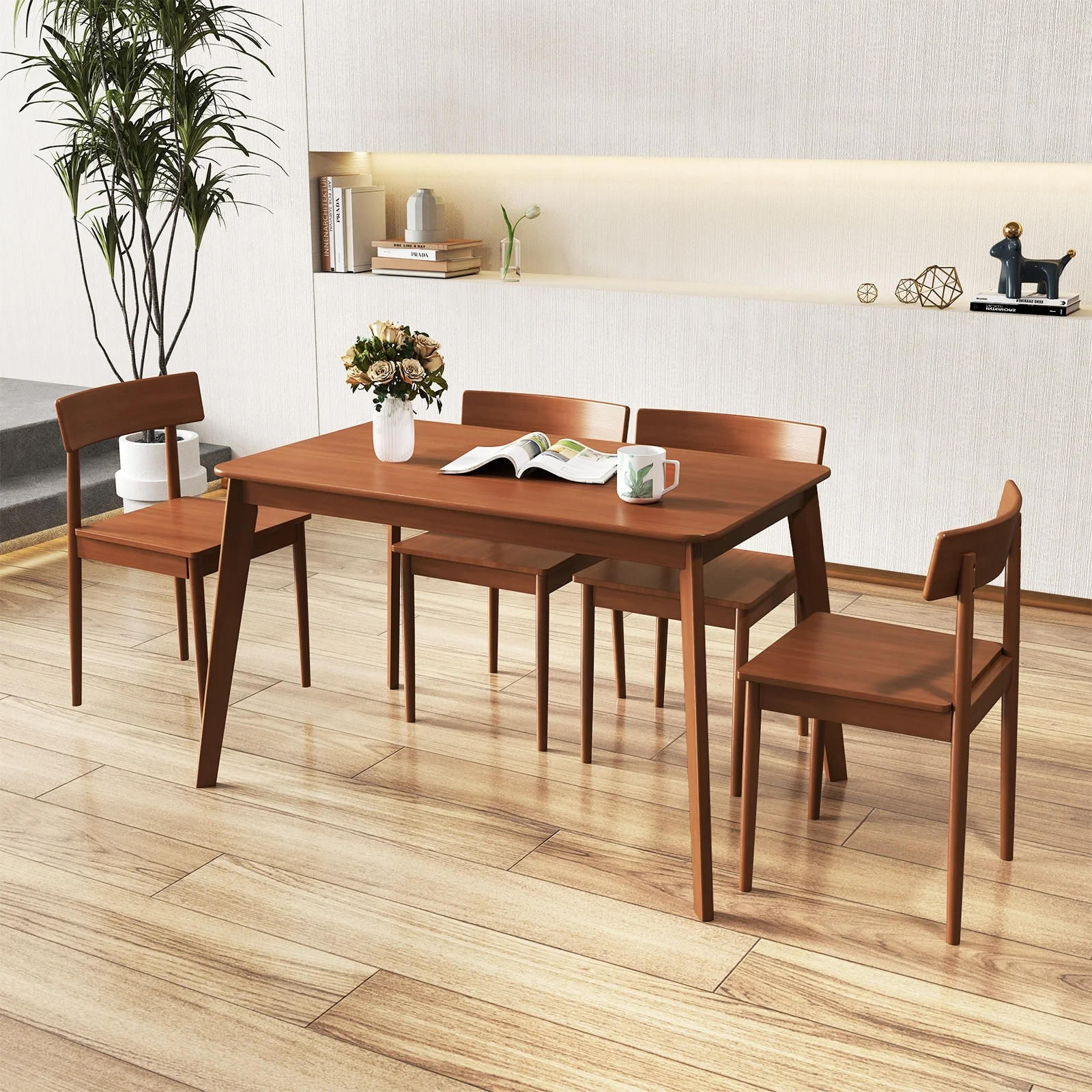 5-Piece Wood Dining Set with Space-Saving Design and Curved Backrest Chairs for Casual Gatherings