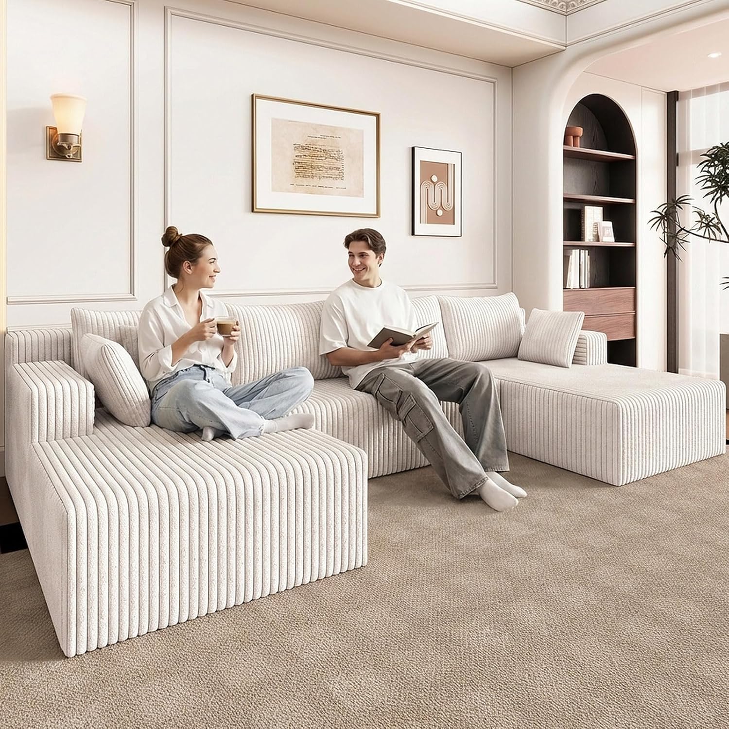 124 U Shaped Cloud Couch Sectional, Corduroy Upholstered 4-Seater Cloud Couches for Living Room, Deep Seat Modular Boneless Sofa with Lounge Chaise, No Assembly Required, White