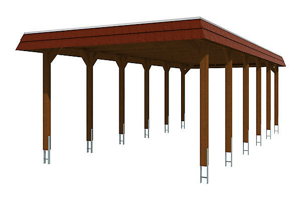 Carport SKAN HOLZ Spreewald 396x893cm, toit en aluminium, bandeau rouge, bois résineux imprégné, traitement coloré noyer