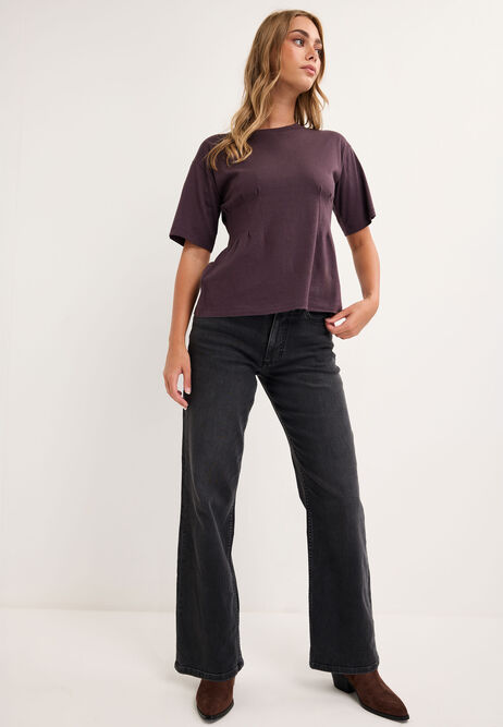 Womens Plum Pintuck Waist Cotton T-Shirt