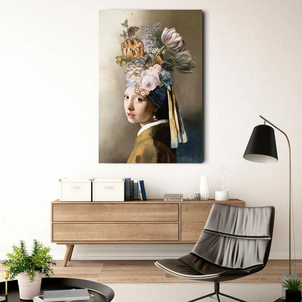 Glasschilderij Vermeer Bloemenmeisje met de Parel - 116 x 78