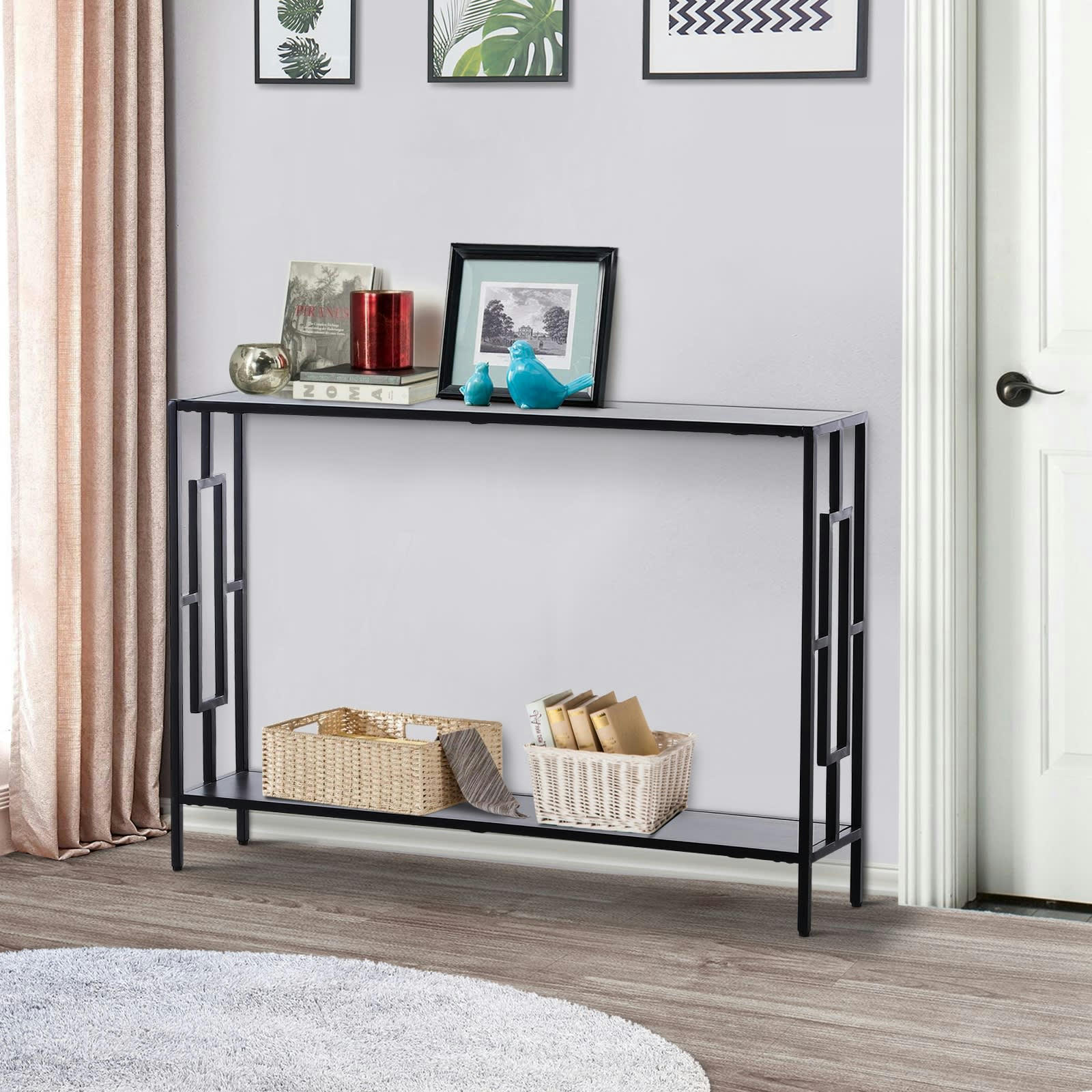- Console style industriel étagère acier noir aspect bois gris