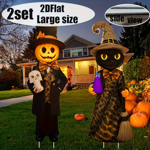 NNETM Halloween Yard Pumpkin Gentleman & Black Cat Witch