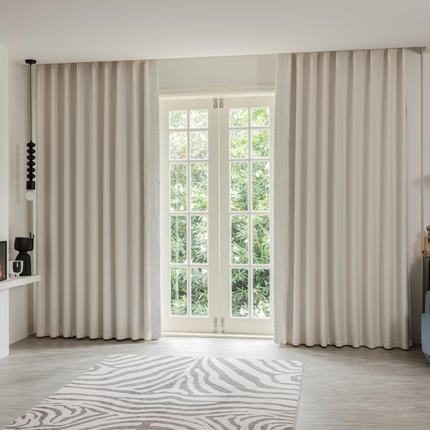 Luxury Cotton Linen Pinch Pleat Curtains, Embroidered Trim Memory Trained Drapes for Stylish Living Room, (50 W x 96 L)