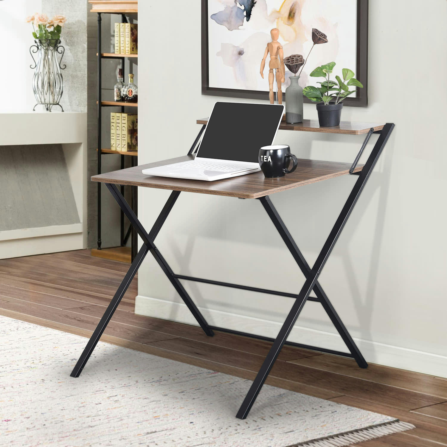 - Bureau industriel avec rangement bois foncé 81.5*70*82.5cm