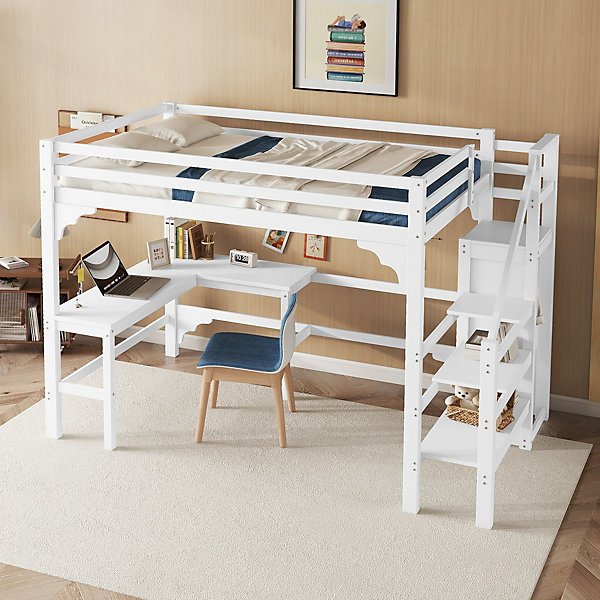 Lit Mezzanine 140x200 cm - Lit Combiné avec Bureau et Armoire ouverte, Lit Junior en Bois, Sans Matelas - Blanc