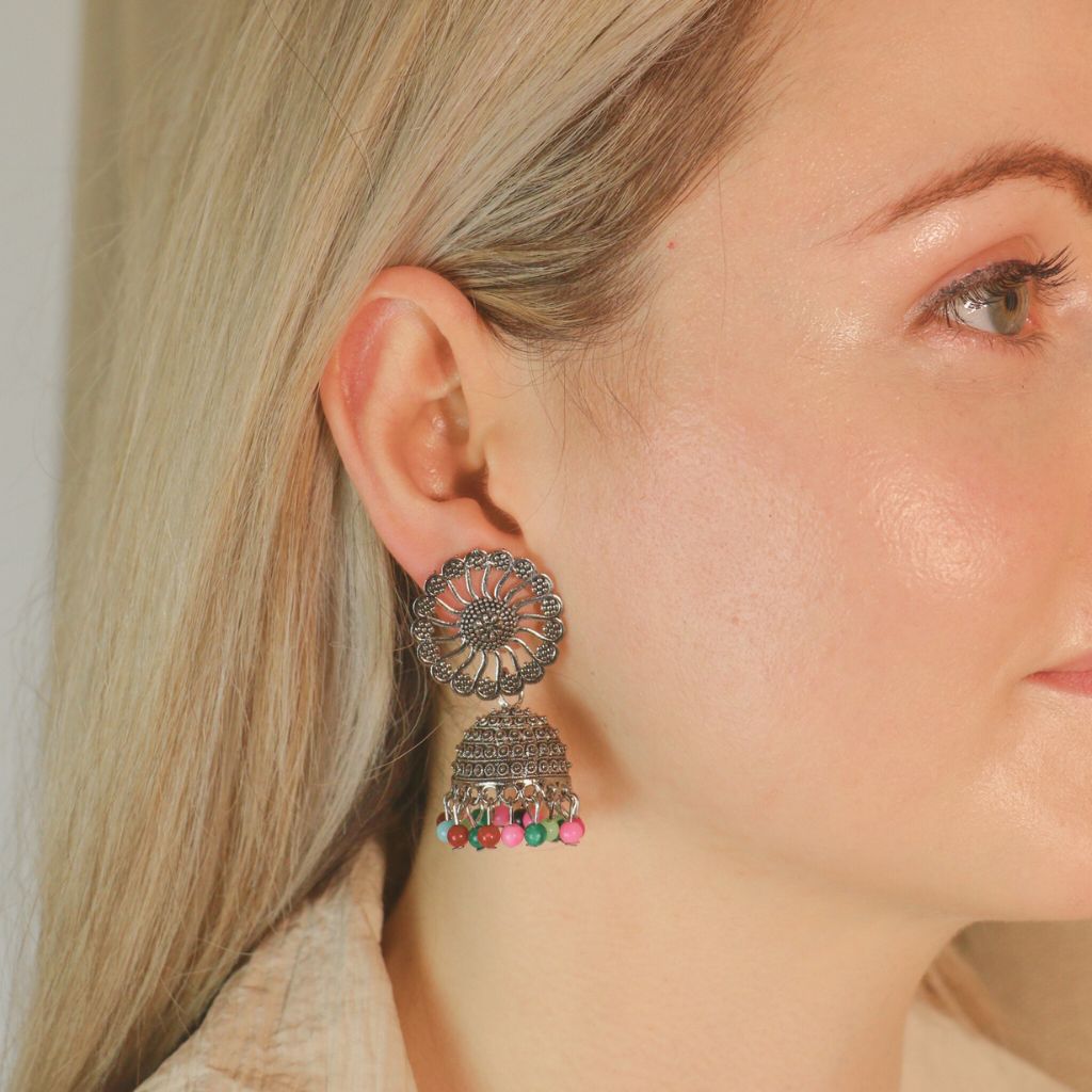 The Colourful Aura Floral Oxidised Indian Asian Drop Jhumkis