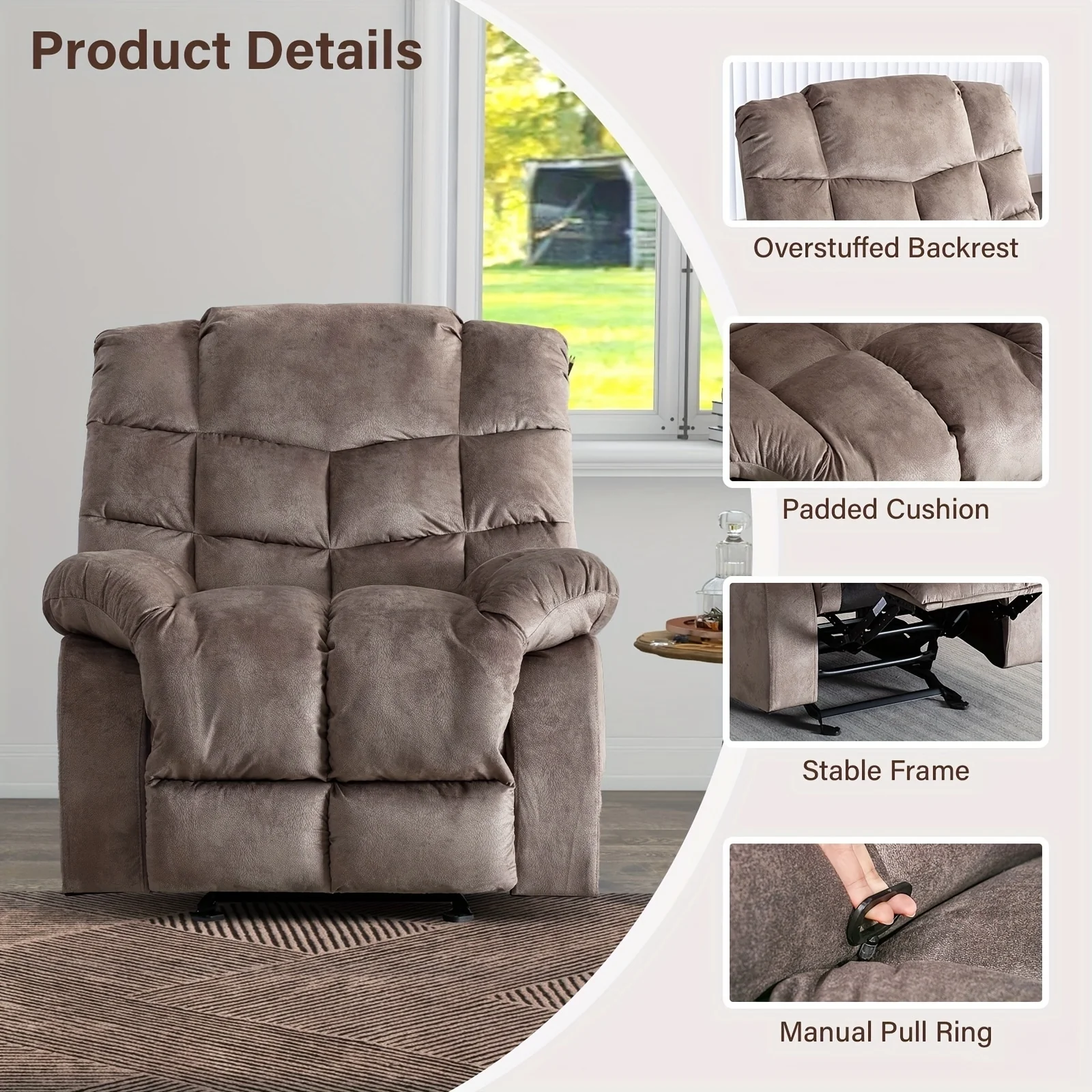 Manual Recliner Overstuffed Breathable Fabric Sofa for Living Room