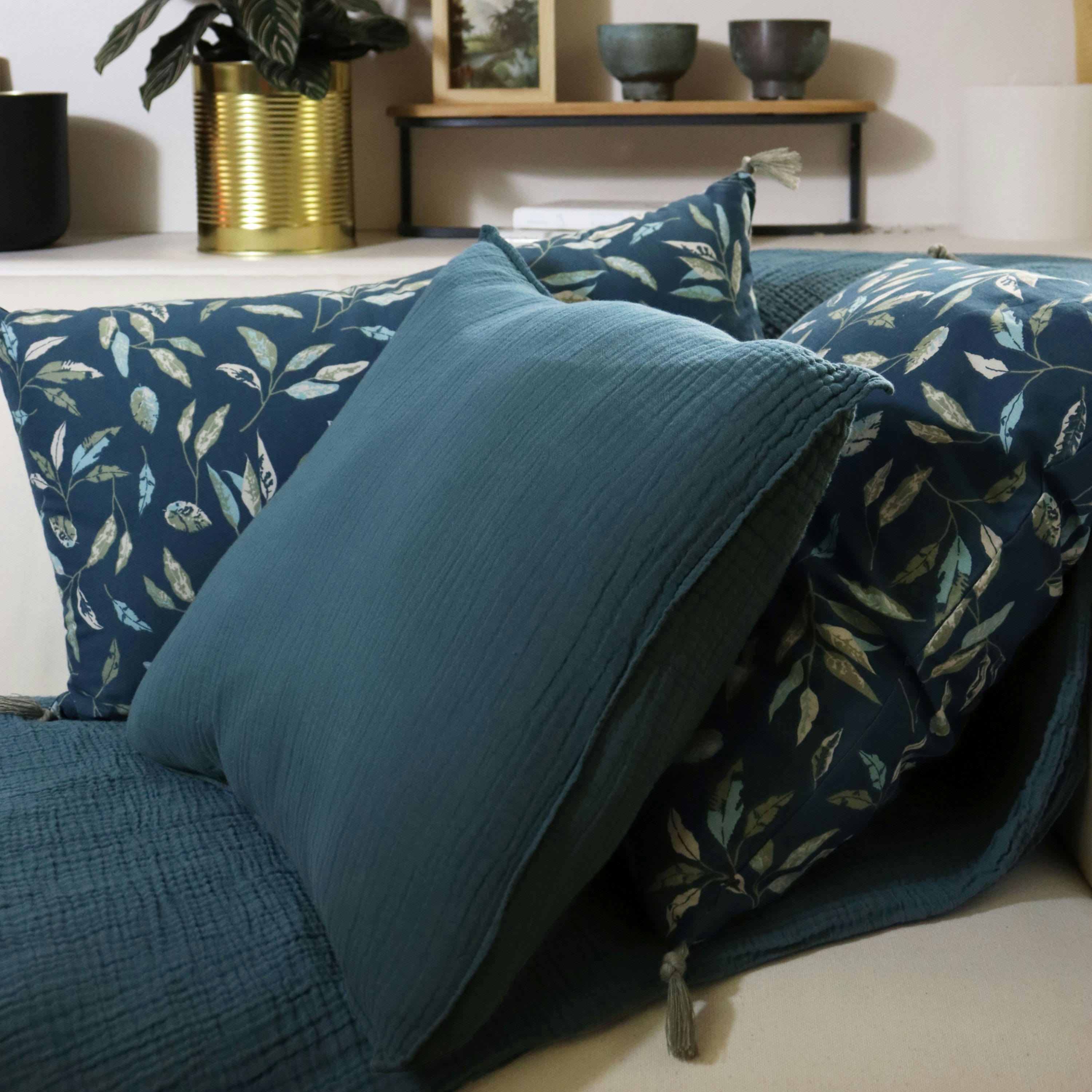 SIMPLEMENT GAUFRÉ - Housse de coussin en gaze de coton 40x40cm Bleu Paon