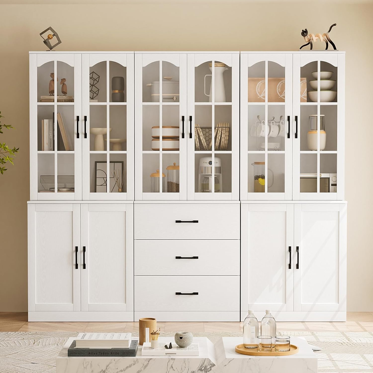 TUSY 71 Tall Bookcase with Glass Door, 6-Tier Modern Bookshelf with Drawer, 23.6 Wide Storage Cabinet with Countertop, Freestanding Display Cabinet for Living Room, Home Office (AEA)