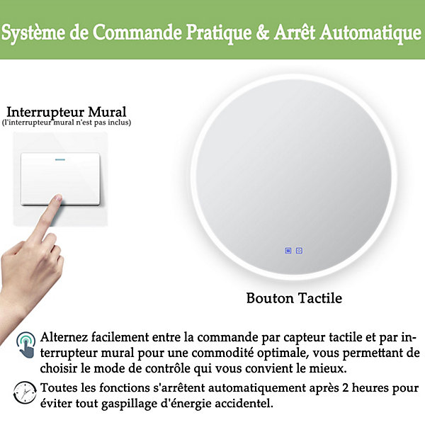 Miroir lumineux salle de bains rond 80x80 cm - LED, Anti-Buée, Mémoire - Miroir salle de bains.