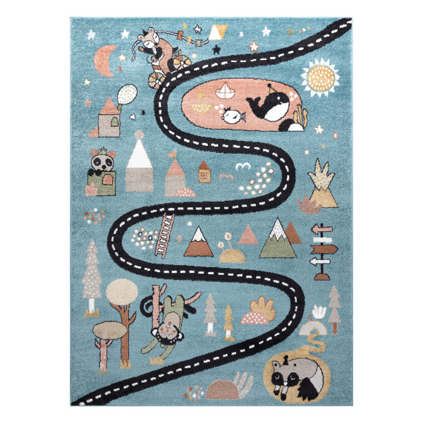 Dywan FUN Route dla dzieci, ulica, zwierzęta niebieski 80x150 cm