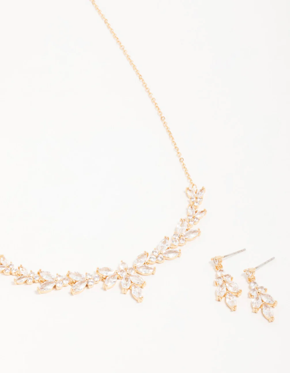 Gold Cubic Zirconia Leaf Vine Necklace & Earrings Set
