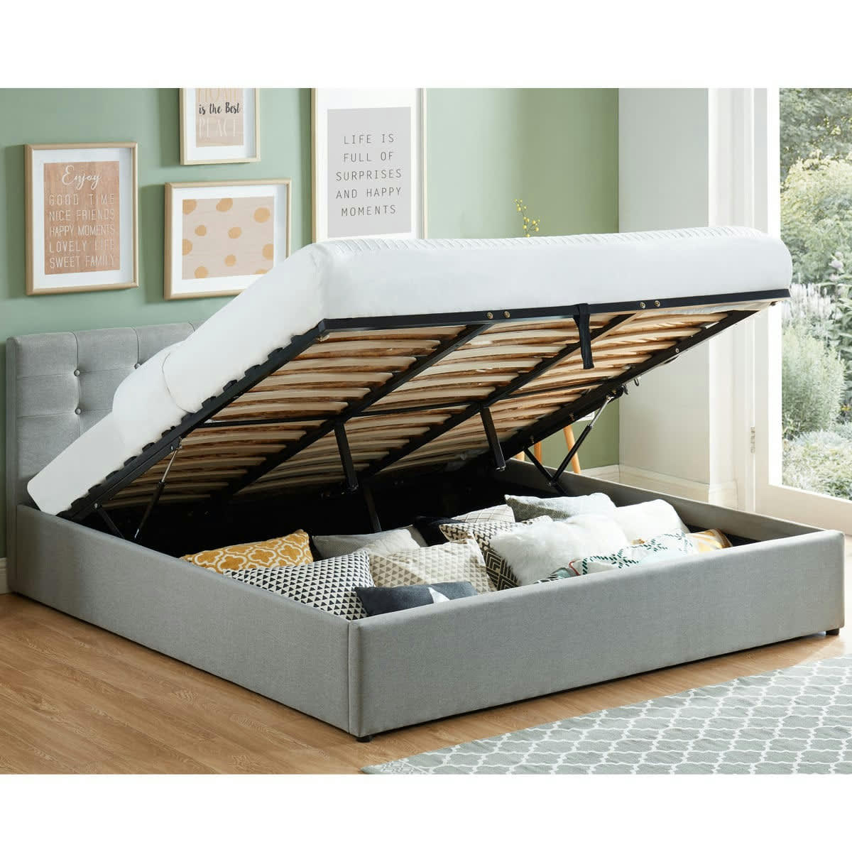 TINA - Lit coffre gris clair 180x200 avec sommier et tête de lit