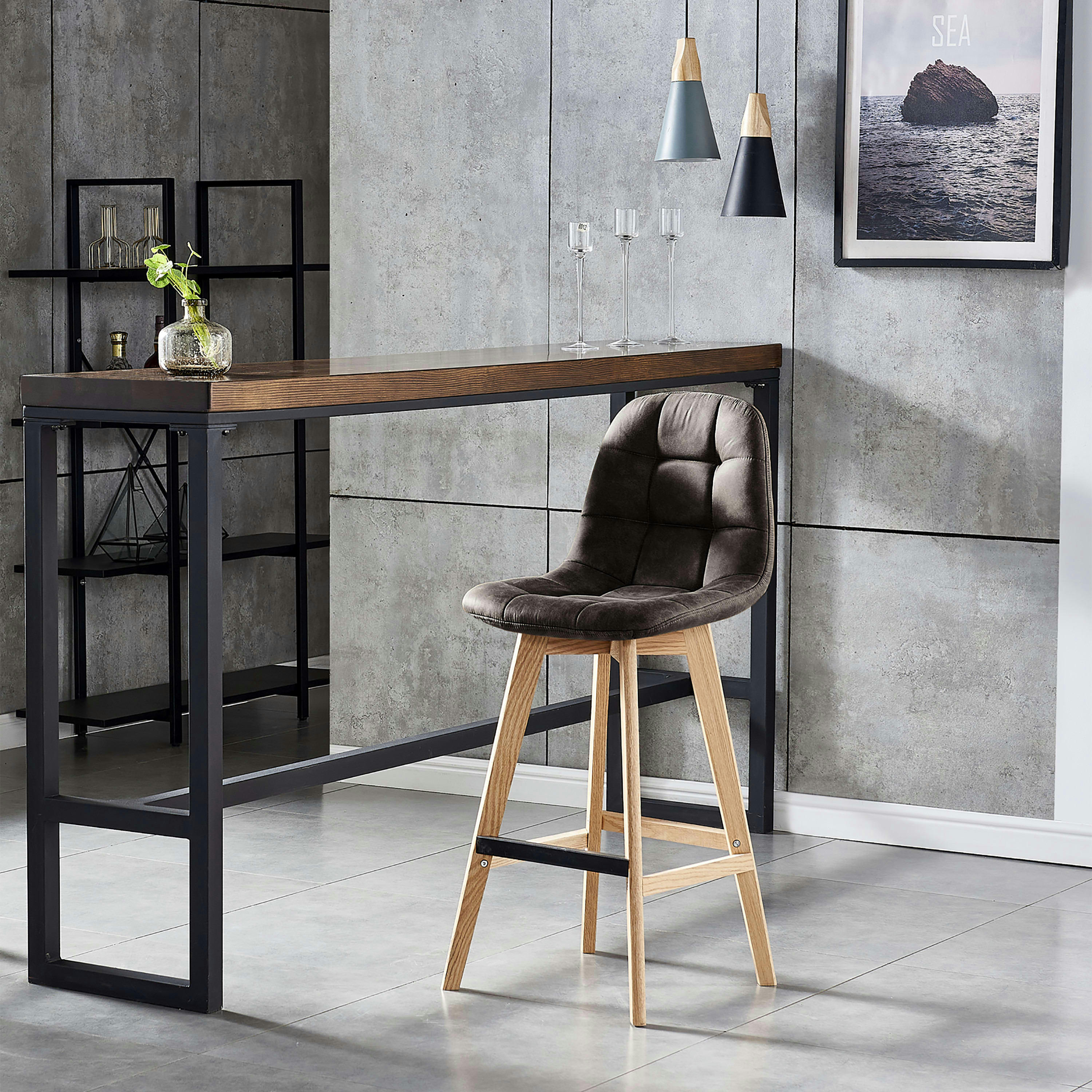 OWEN OAK - Chaise de bar vintage microfibre marron foncé pieds chêne(x2)