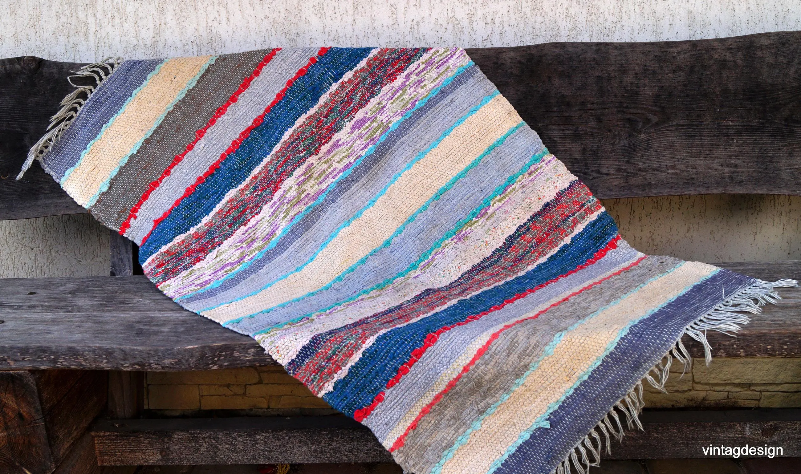 Authentic 1970s Handwoven Scandinavian Rag Rug, Colorful Striped Nordic Carpet (125 x 73 cm)