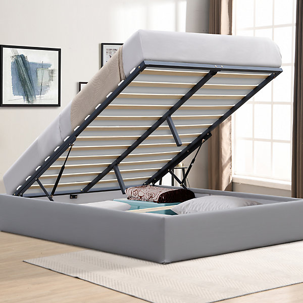 Lit coffreur gris - 140x200 cm - pieds inclus - montage rapide - entretien facile - confort - design moderne